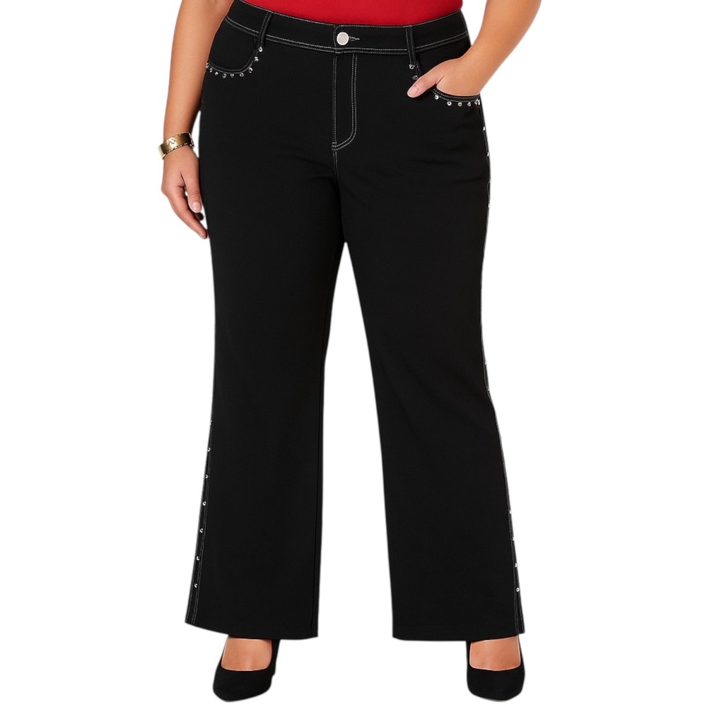 Alberto Makali Black Studded Pants Womens Size 14 Wide Leg‎ Stretch Trousers